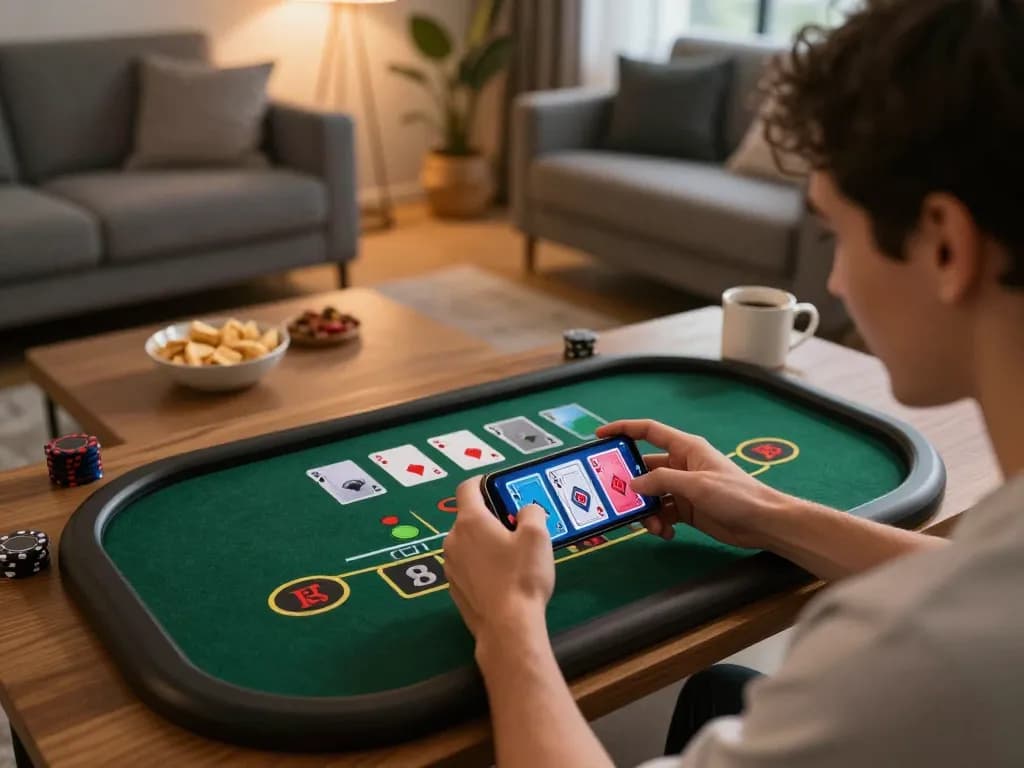 A player enjoying an immersive 9bet mobile blackjack game at home with engaging atmosphere