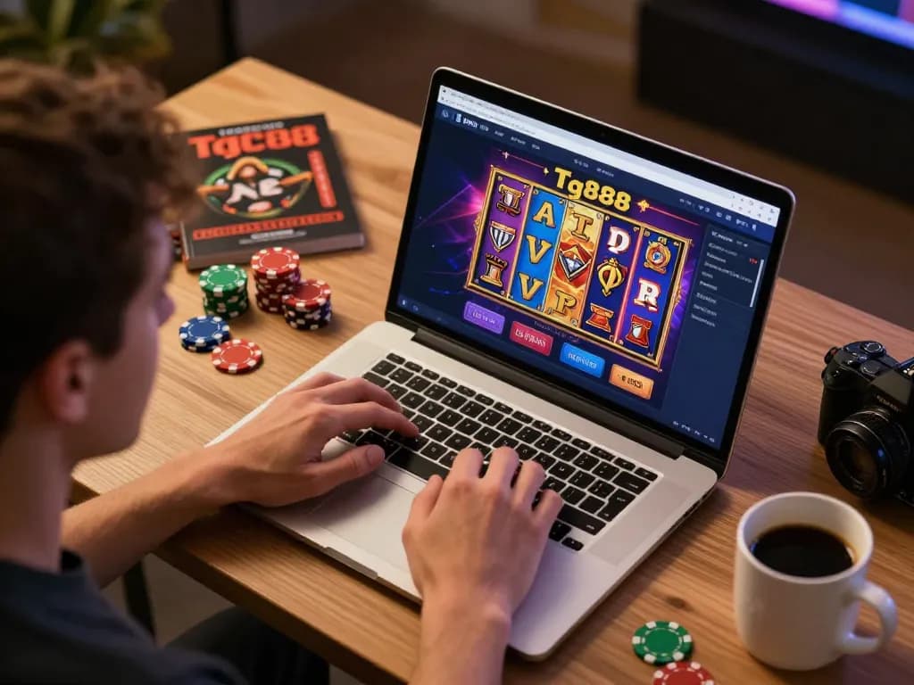 Engaging with Tg888 online casino games on a laptop with vibrant slot graphics.