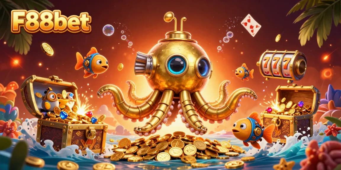 Engage with thrilling gameplay on F88bet featuring a golden kraken submarine amidst gold coins and slot reels.