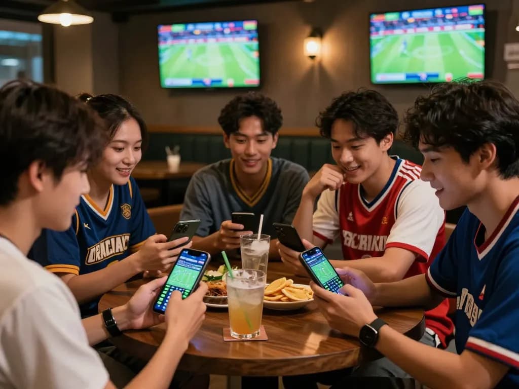 Engaged friends excitedly discussing kèo nhà cái trực tuyến while placing bets during a live sports match.