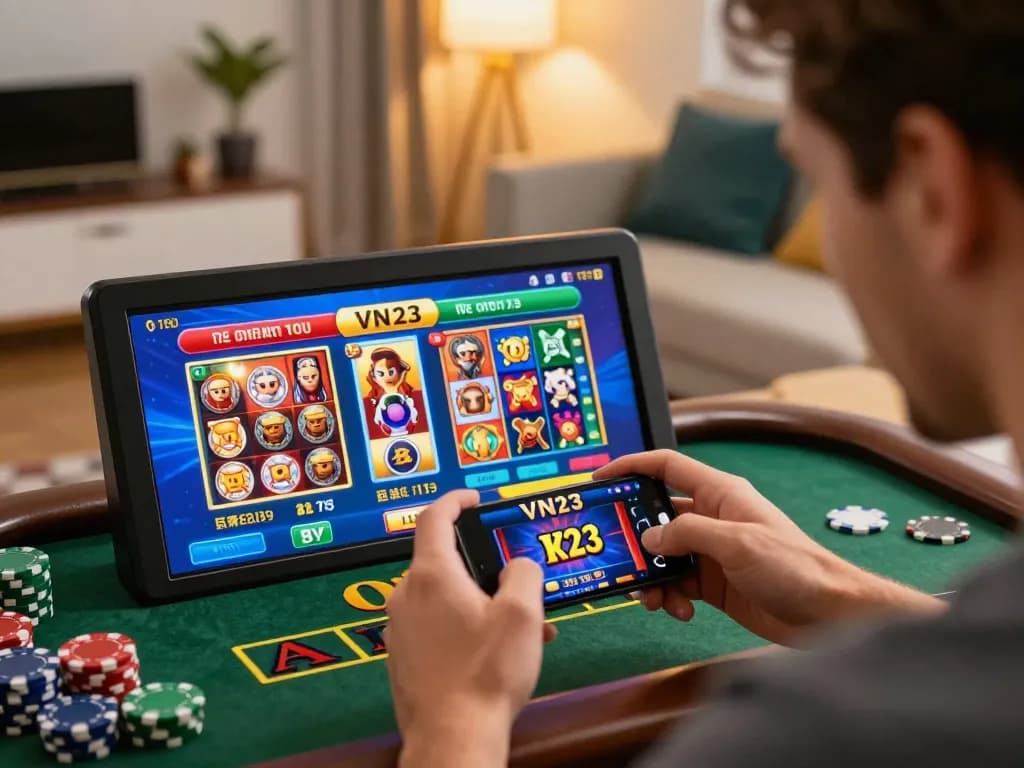 Engaged player enjoys betting on VN23 mobile app, showcasing vibrant casino games on smartphone.