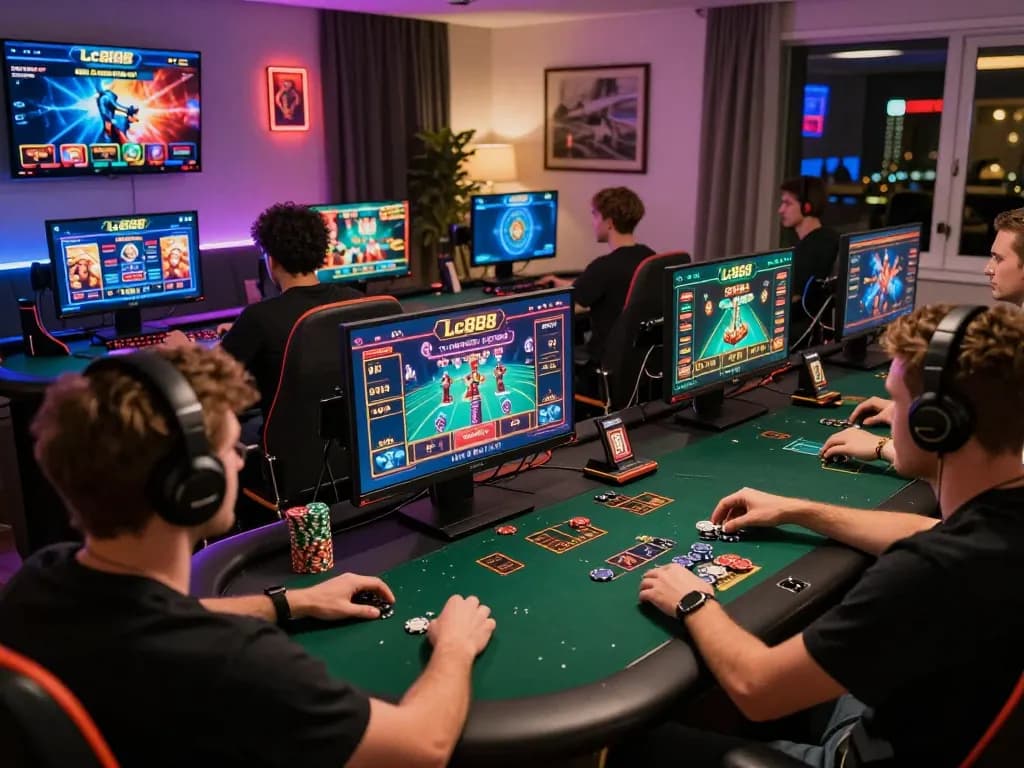 Engaged players exploring the Lc888 casino platform in a modern gaming setup, highlighting excitement and strategy.