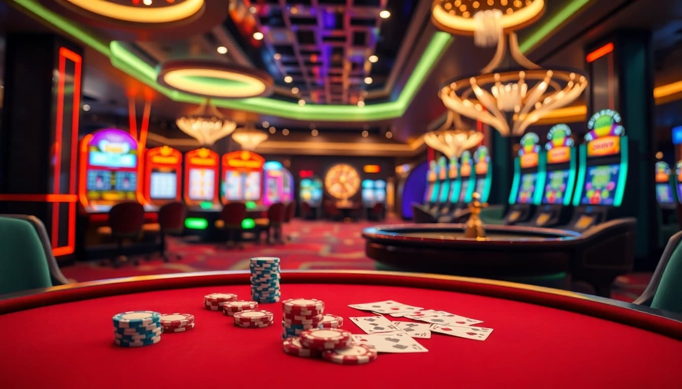 SUNWIN casino table with vibrant poker chips, cards, and dazzling slot machines, exuding luxury.