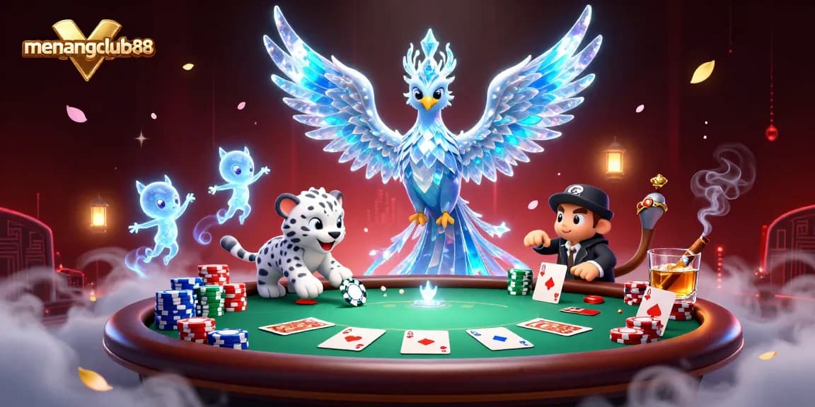 Engage with menangclub88's exciting poker scene featuring a lively ice phoenix and enchanting sprites.
