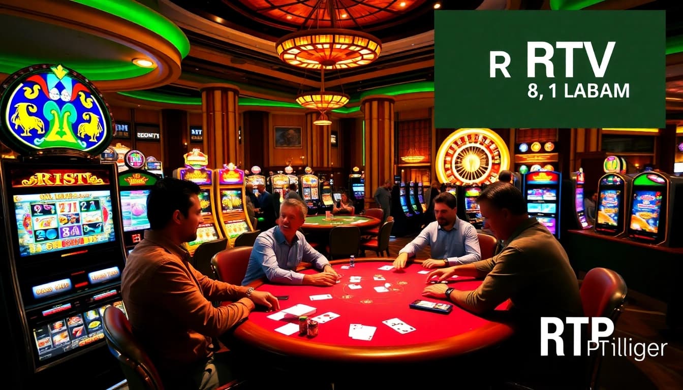 Experience the excitement of RTP Live in a luxurious casino setting with players at vibrant tables and slot machines.