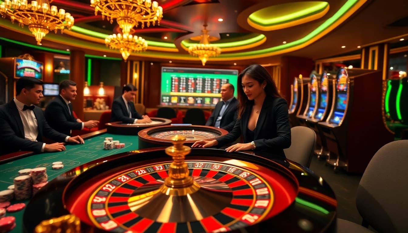 Players enjoying games at a vibrant casino while betting on 99ok platforms, showcasing excitement and professionalism.