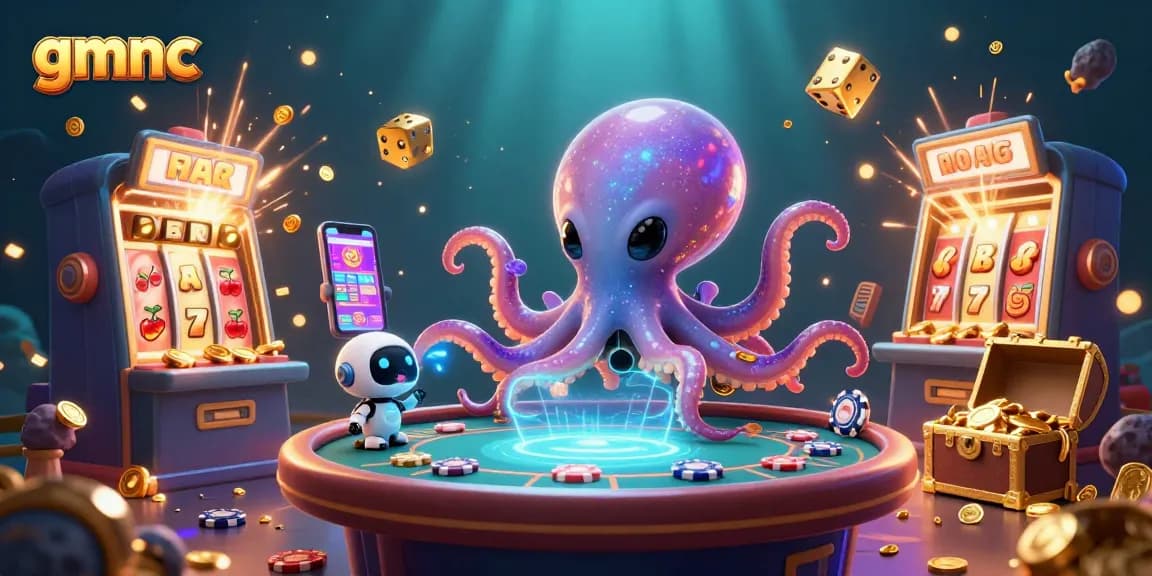 Watch the alien octopus operating casino games and winning with gmnc features in a vibrant underwater scene.