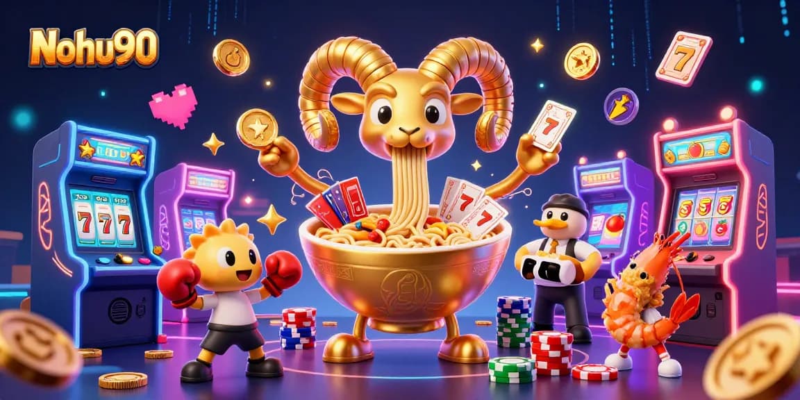Engage with Nohu90's thrilling slots depicted by a giant ramen bowl character among vivid gambling scenes.