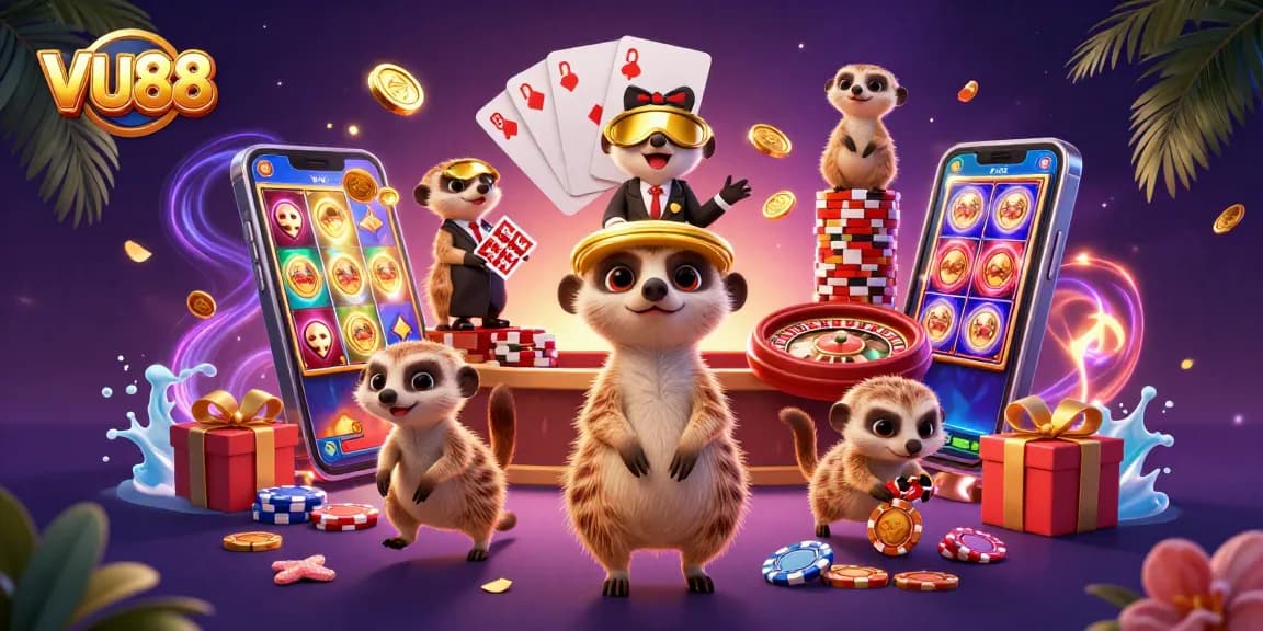 Betting and winning at VU88 with colorful slots, card games, and delightful meerkat characters