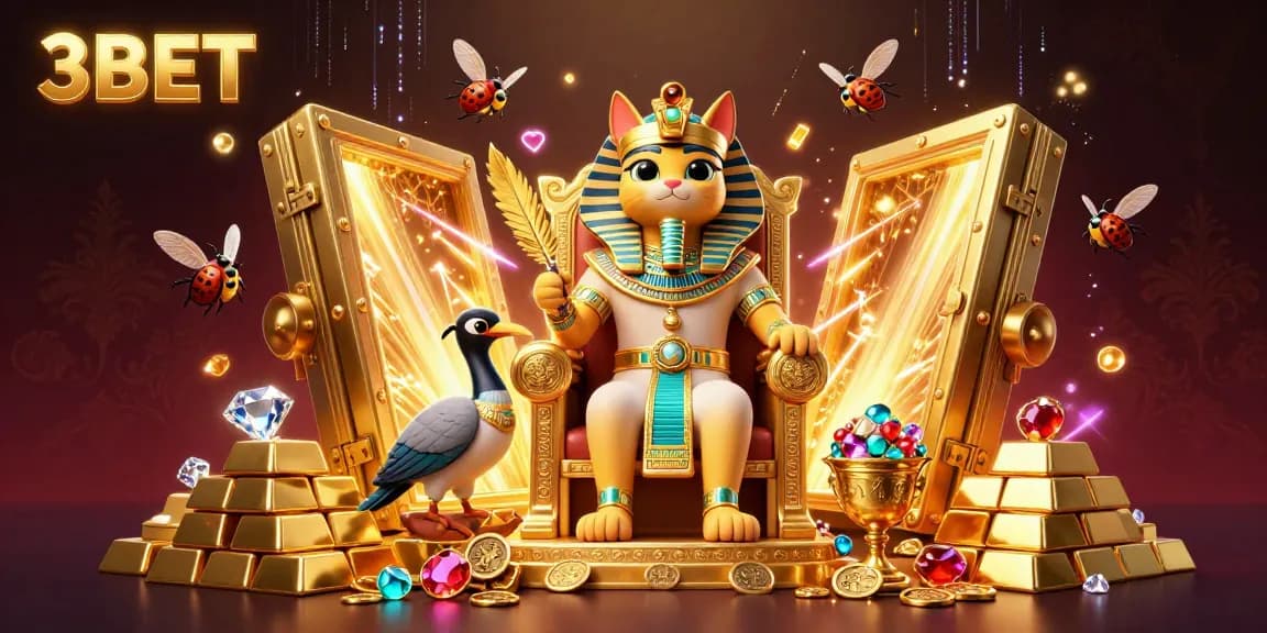 Engage with 3BET's vibrant casino scene featuring an Egyptian pharaoh cat on a golden throne amidst treasure and jewels.