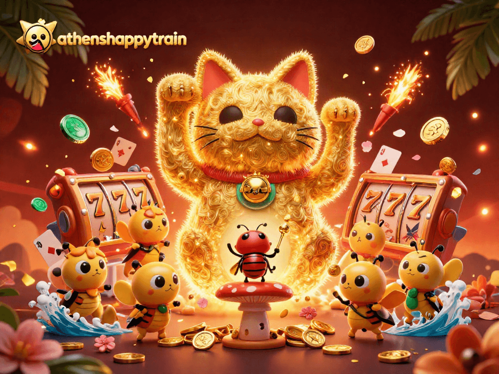 Experience the exciting athenshappytrain scene with the lucky cat and vibrant casino symbols.
