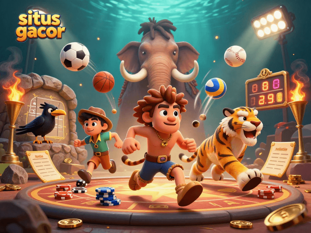 Experience thrilling wins at situs gacor with a vibrant 3D prehistoric casino scene full of dynamic sports elements.