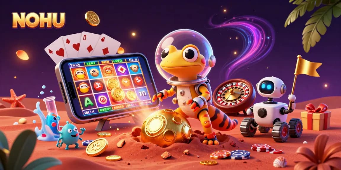 Engage in thrilling NOHU gaming with a Martian gecko and robot at a golden casino scene.
