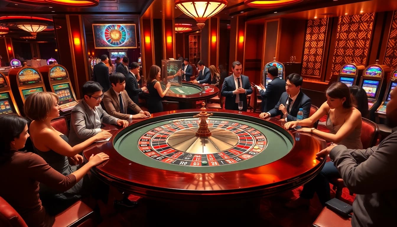 Players enjoying a thrilling roulette game at Xin88 casino, highlighting excitement and luxury.
