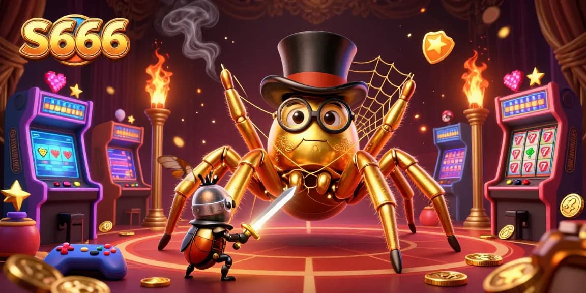 S666 gambling illustration featuring a giant golden tarantula weaving a web of luck amidst slot reels and vibrant arcade games.
