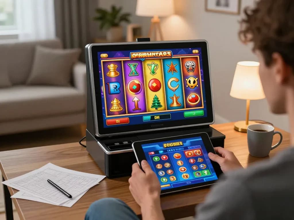 Memainkan slot pulsa di tablet di ruang tamu yang nyaman dengan grafis permainan yang penuh warna