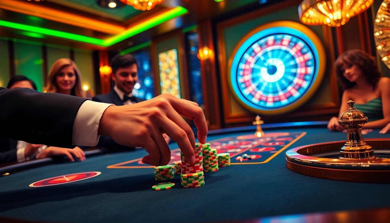Experience the thrilling LUCK8 casino atmosphere with vibrant poker action and elegant players.
