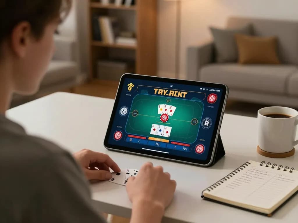 Players enjoying poker on a tablet at home, showcasing the 789win online gaming experience.