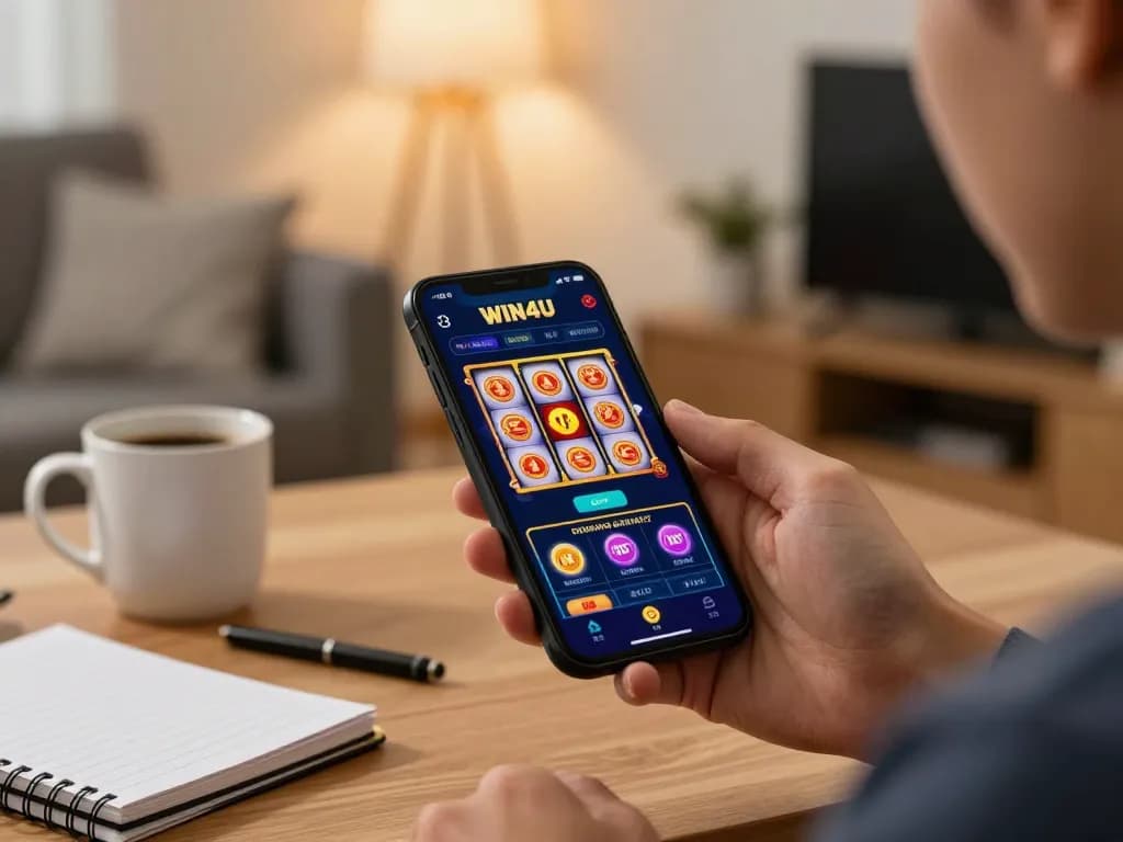 Player using the WIN4U app on their smartphone while enjoying a coffee at home, embodying casual gaming.