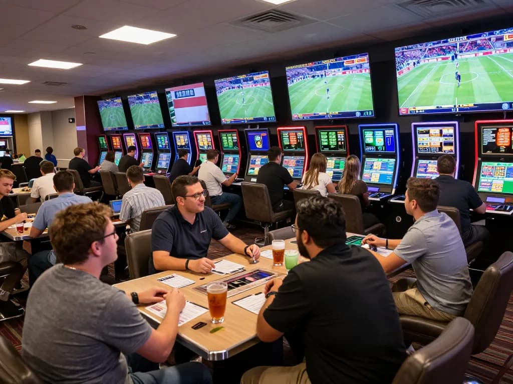 Tỷ lệ kèo trực tuyến displayed on screens in an exciting casino sports betting lounge