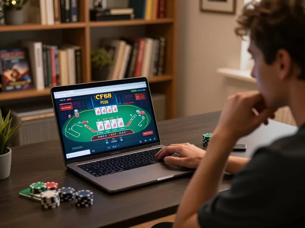 Player engaging with CF68 online blackjack game while analyzing strategy notes
