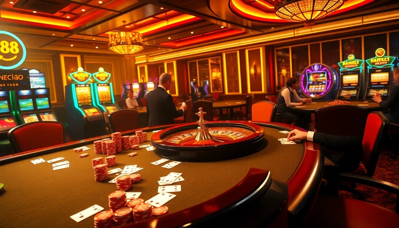 Experience Nc88's thrilling gambling action with vibrant poker chips and an elegant roulette wheel.
