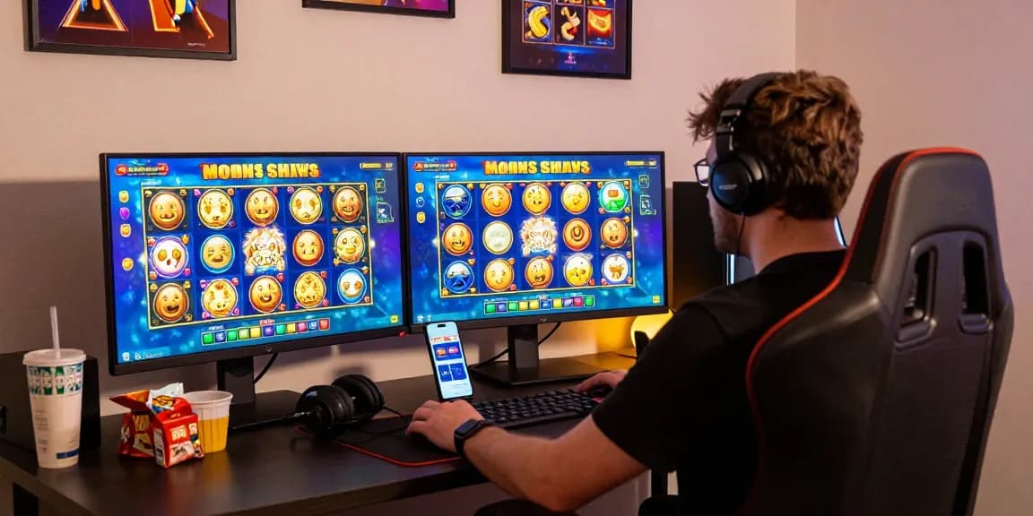 Player engaging with bonus buy slots on dual monitors in modern gaming setup.