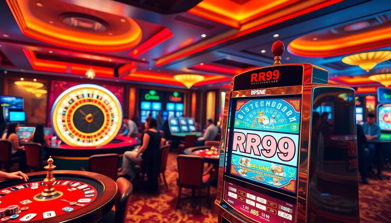 Players enjoying the thrill of casino gaming with RR99 prominently featured on a slot machine.