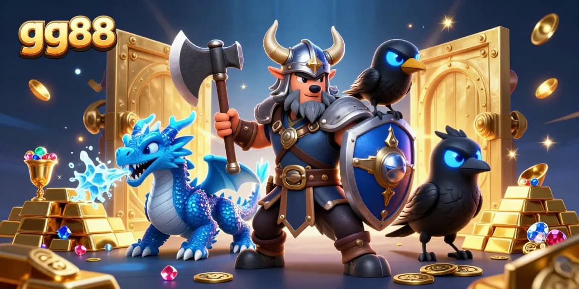 Engage with gg88's thrilling casino adventure featuring a Viking warrior and dragon.
