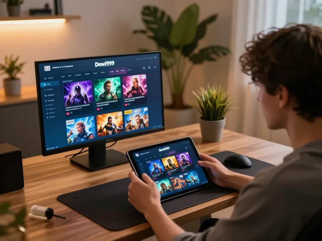 Permainan yang menarik di platform Dewi999, menampilkan seorang pengguna yang bermain permainan kasino online di tablet di suasana yang nyaman.