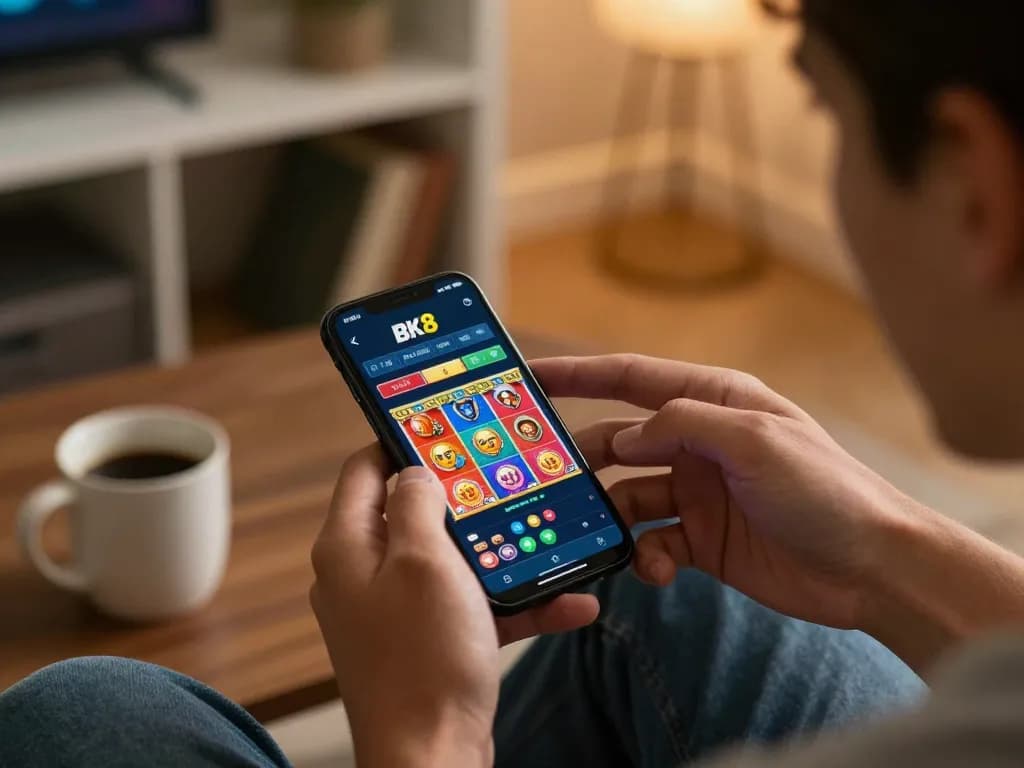Player engaging with BK8 casino app on smartphone in a cozy home environment, emphasizing strategic online gaming.