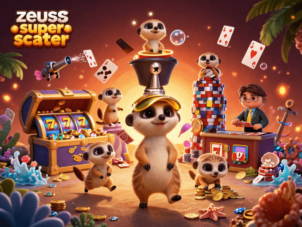 Experience zeus super scatter in a vibrant 3D casino scene with engaging meerkat characters and lively slot elements.