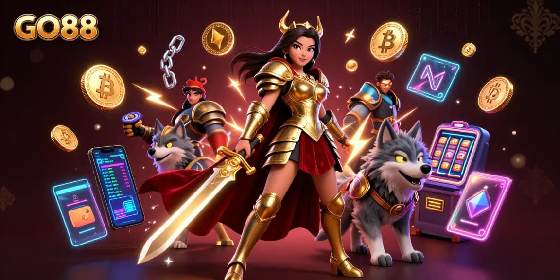 Engage in thrilling gameplay at GO88 with a dazzling 3D warrior queen and her glowing wolf companion amidst vibrant neon casino elements.