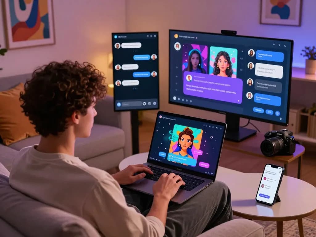 Interactive ai sex chat environment with user engaging with customizable AI avatars and dynamic chat interface.