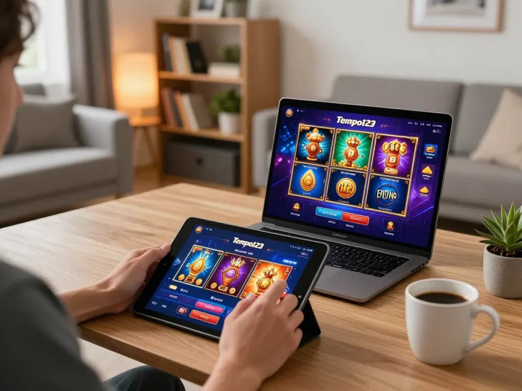 Berinteraksi dengan aplikasi kasino online Tempo123 di tablet di ruang tamu modern