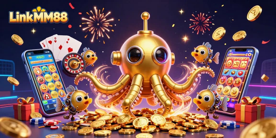 Engage with Link MM88 as the kraken submarine dives into treasure amidst exciting casino games and celebrations.
