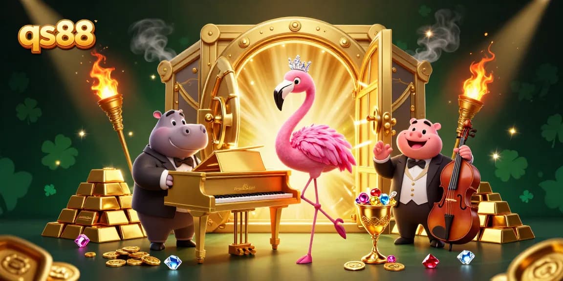 Experience excitement with qs88's vibrant casino scene featuring lively characters and treasures.
