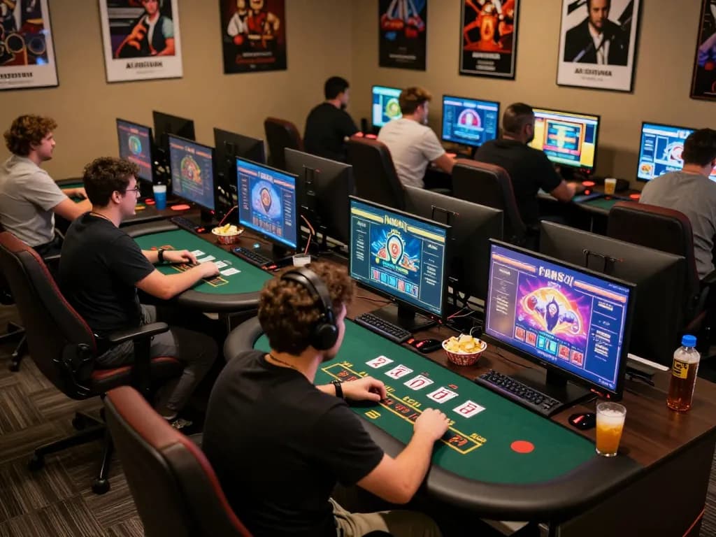 Fun88 players intensely engaging in online blackjack games on their devices in an inviting gaming room