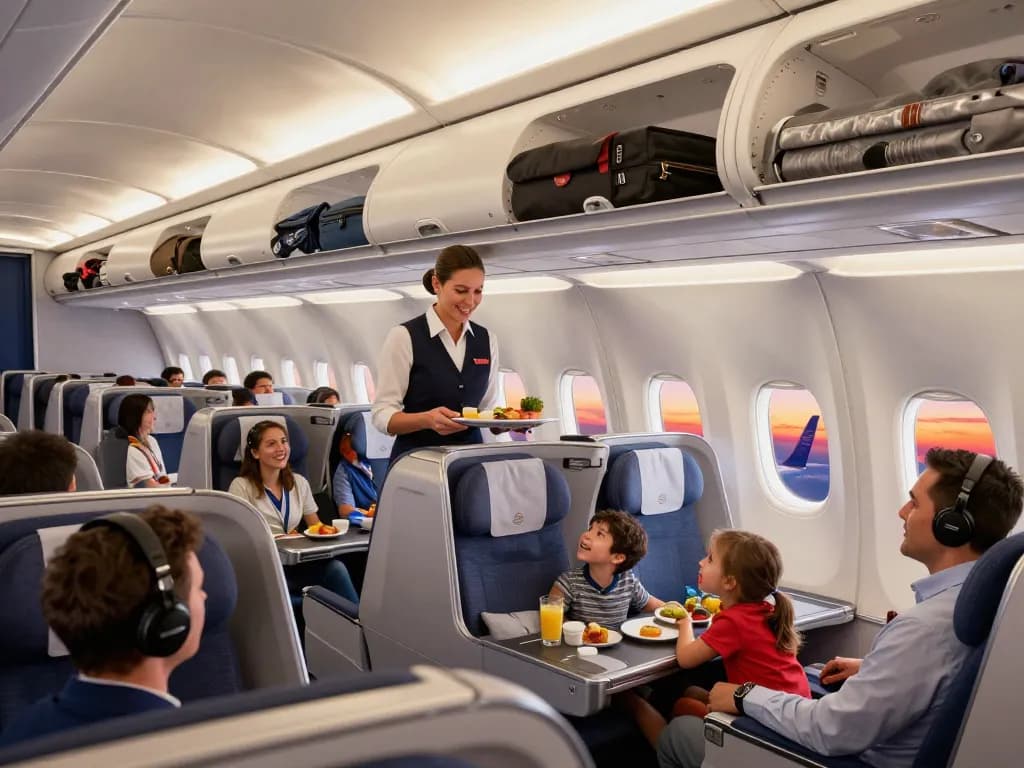 Passengers enjoying the comfort of the 789P Boeing 787-9 during a sunset flight.