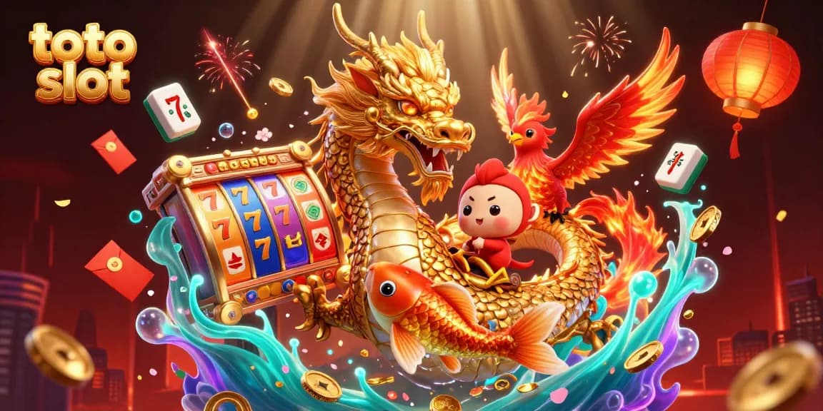 Spin the toto slot with winning combos featuring a golden dragon, phoenix, and koi fish amidst coins.