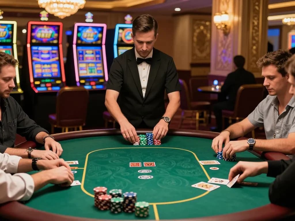 Players strategizing in a high-stakes poker game at a luxurious casino, showcasing transcrime risk dynamics and excitement.
