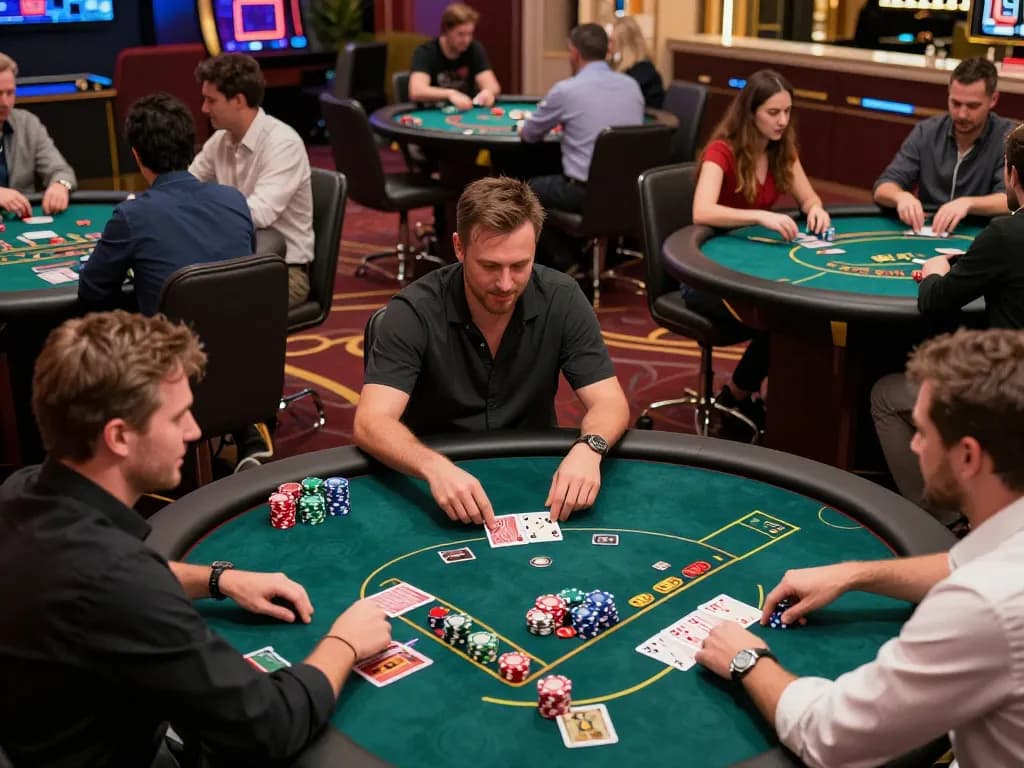 Sunwin casino players engaging in exciting gameplay at various tables during a vibrant night