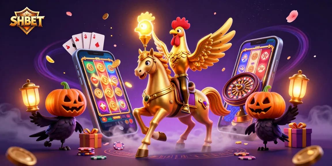 Experience the excitement of SHBET with a dynamic casino scene featuring a golden rooster and festive elements.
