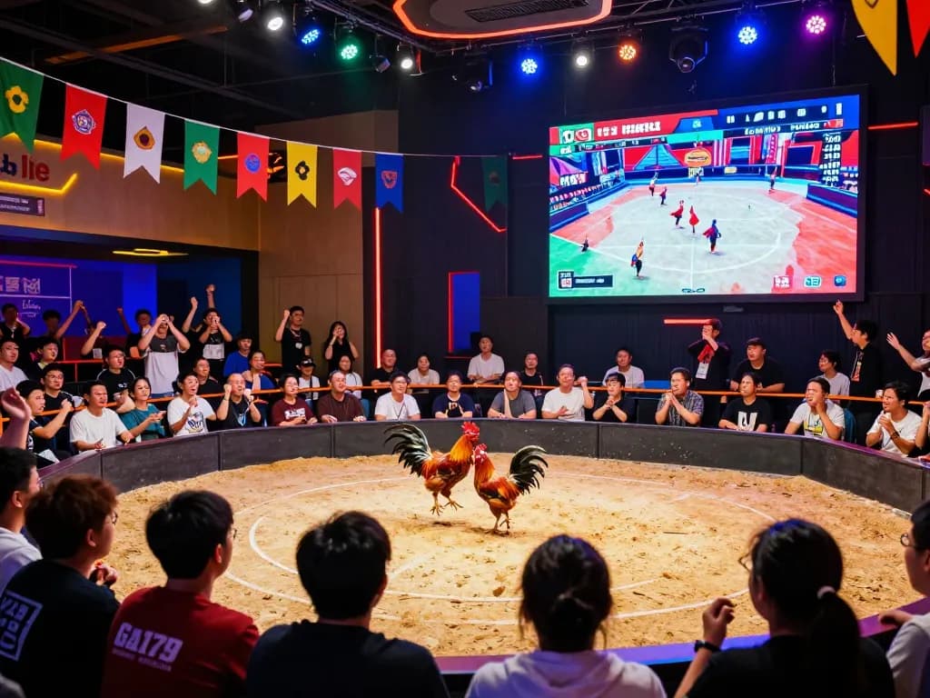 Exciting rooster fighting arena at Ga179 with cheering crowd and vibrant atmosphere.