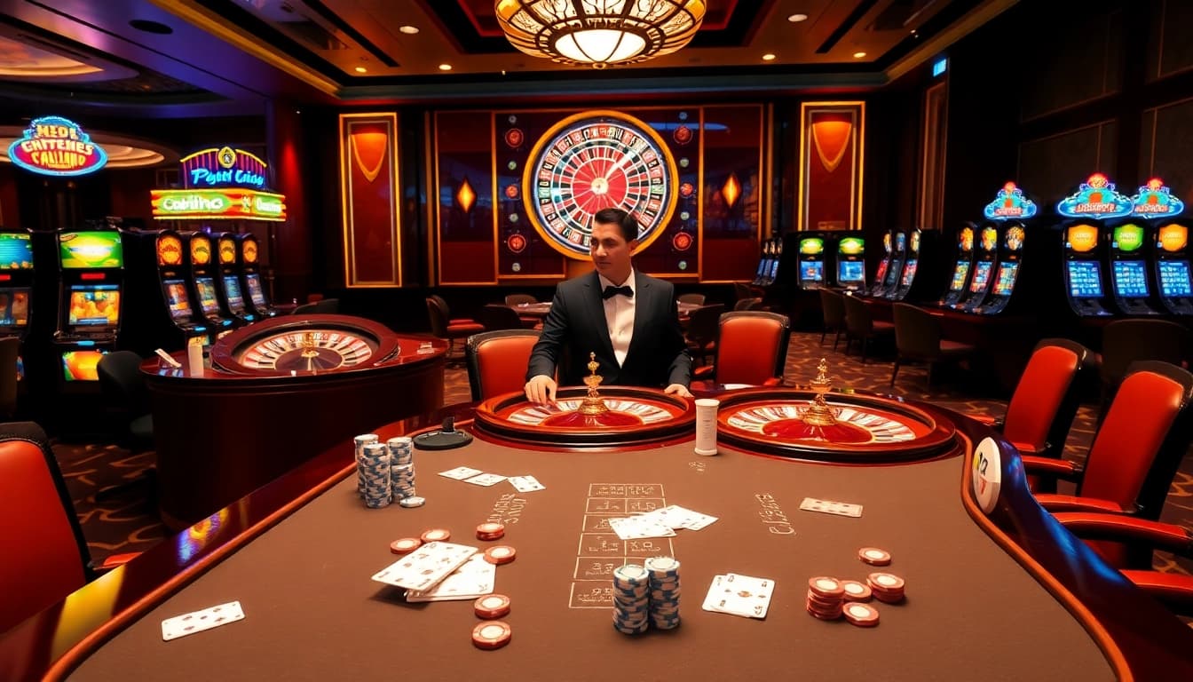 Agen Judi Bola action at a luxury casino showcasing poker and betting excitement.
