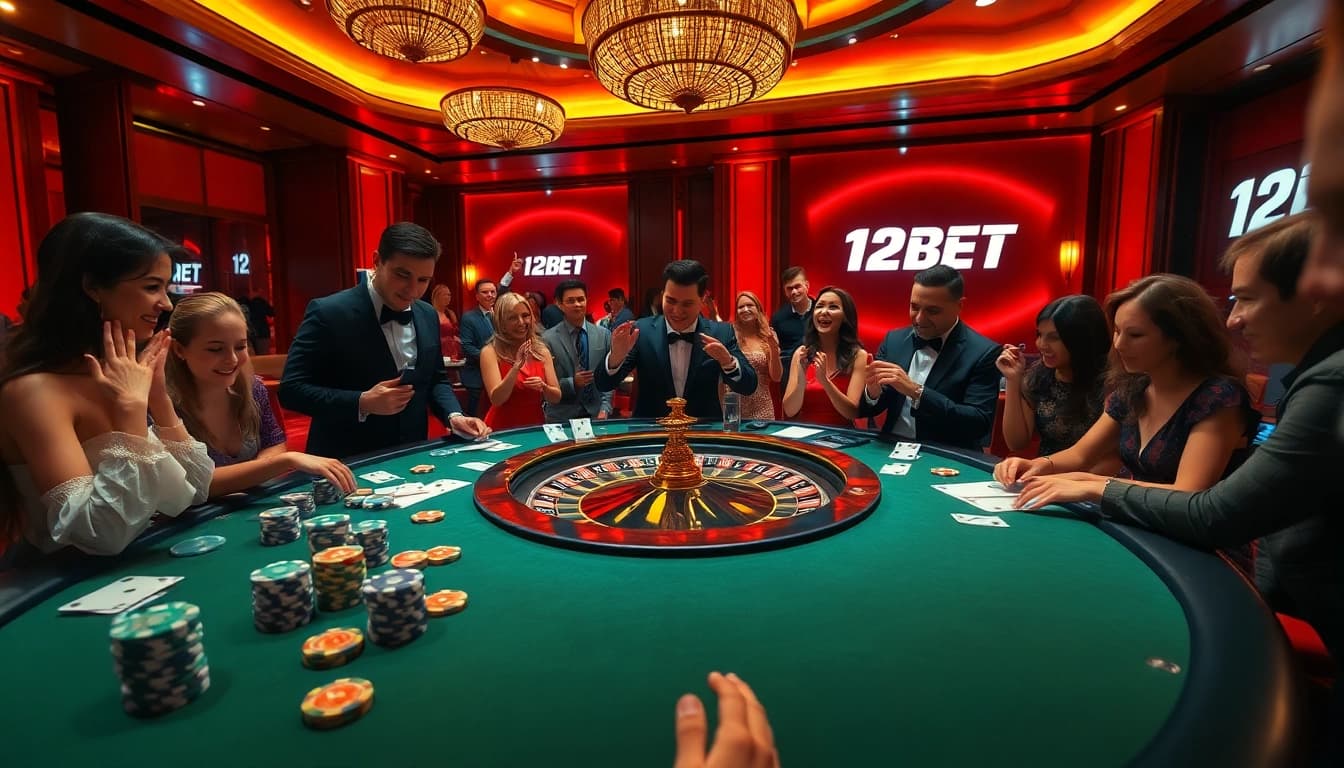 Exciting scene of players enjoying games at 12BET's luxurious casino, featuring poker chips and a roulette wheel.