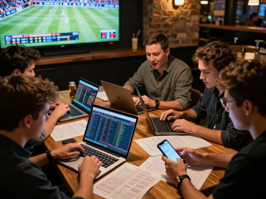 Capturing the ty le keo analysis during an energetic sports betting session at a busy bar.