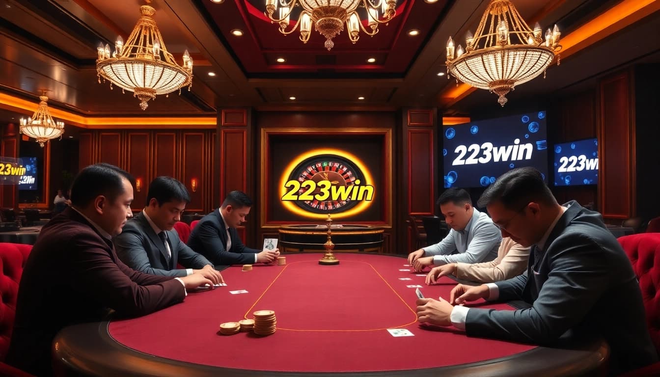 Experience 23win's thrilling casino action with poker chips and roulette in a luxurious setting.