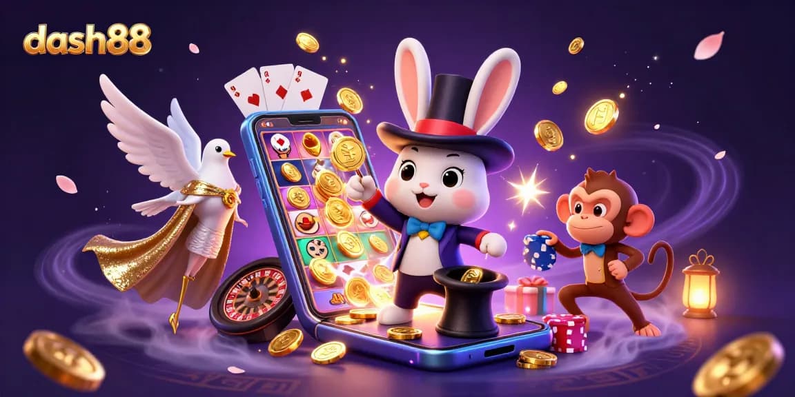 Engage in thrilling gameplay with dash88, featuring a magician rabbit, poker chips, and slot games.