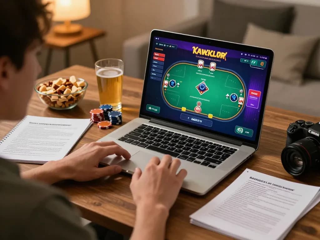 Player enjoying RR88 online poker game with strategic notes and snacks in cozy home setup.